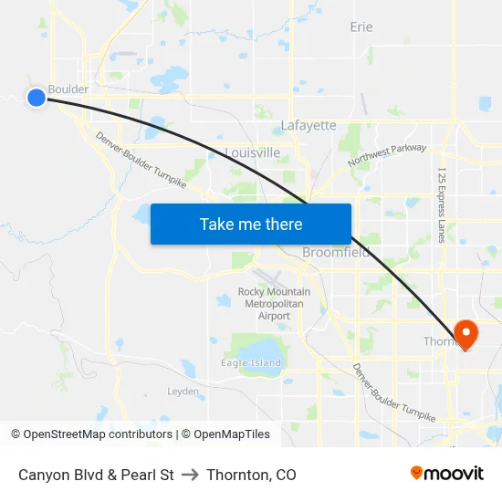 Canyon Blvd & Pearl St to Thornton, CO map