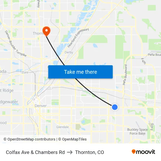 Colfax Ave & Chambers Rd to Thornton, CO map