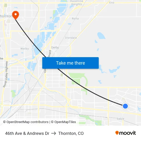46th Ave & Andrews Dr to Thornton, CO map