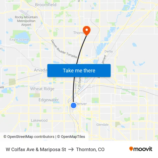 W Colfax Ave & Mariposa St to Thornton, CO map