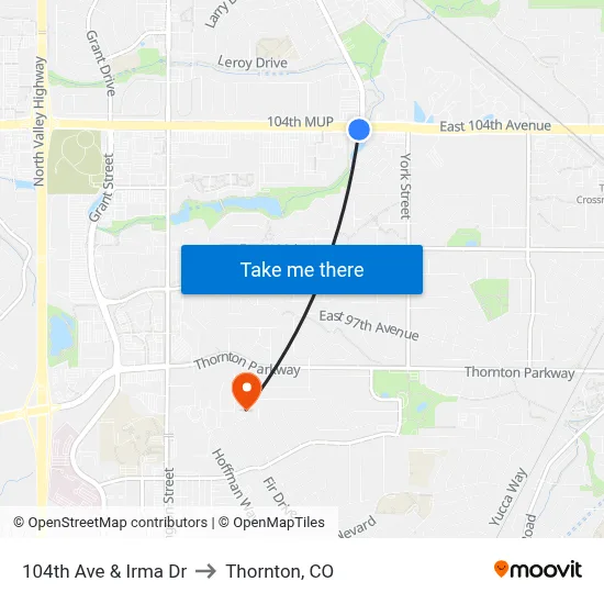 104th Ave & Irma Dr to Thornton, CO map