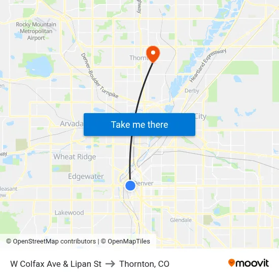 W Colfax Ave & Lipan St to Thornton, CO map