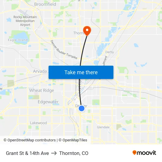 Grant St & 14th Ave to Thornton, CO map