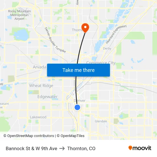 Bannock St & W 9th Ave to Thornton, CO map
