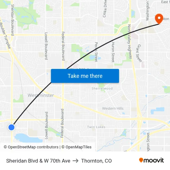 Sheridan Blvd & W 70th Ave to Thornton, CO map