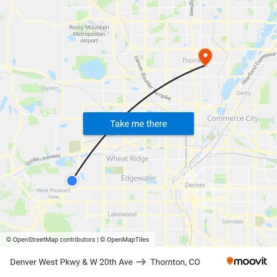 Denver West Pkwy & W 20th Ave to Thornton, CO map