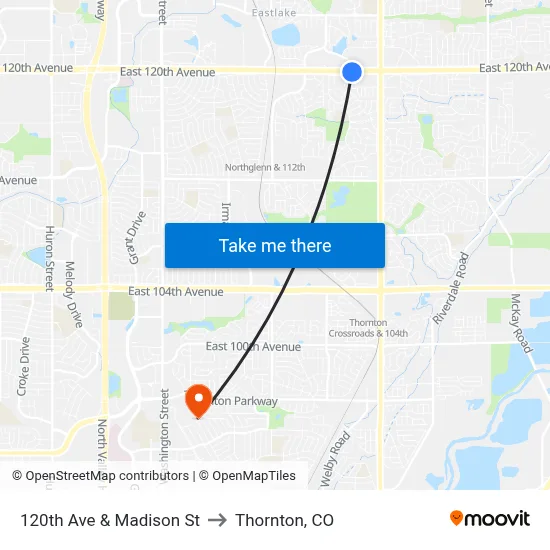120th Ave & Madison St to Thornton, CO map