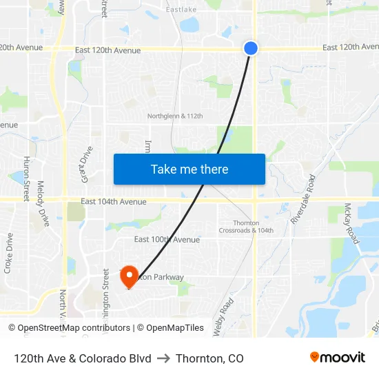 120th Ave & Colorado Blvd to Thornton, CO map