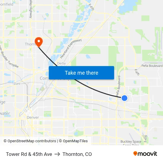 Tower Rd & 45th Ave to Thornton, CO map