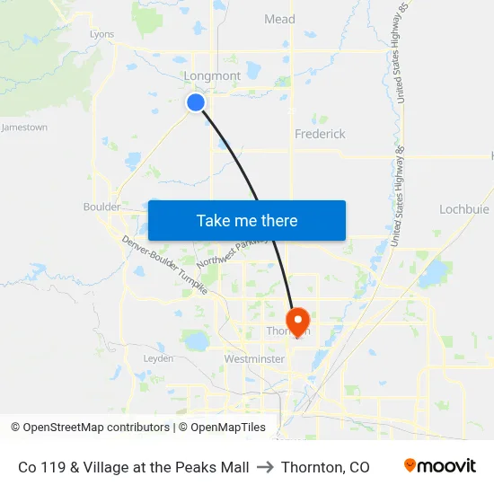 Co 119 & Village at the Peaks Mall to Thornton, CO map