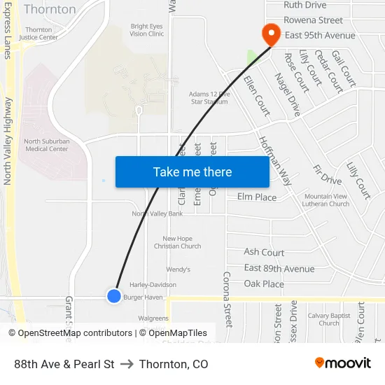 88th Ave & Pearl St to Thornton, CO map