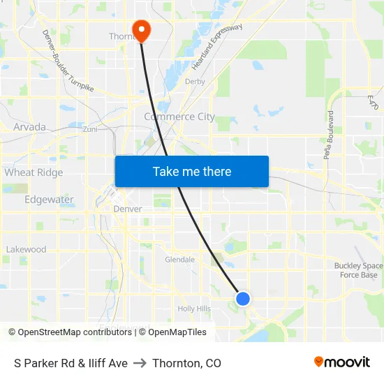 S Parker Rd & Iliff Ave to Thornton, CO map