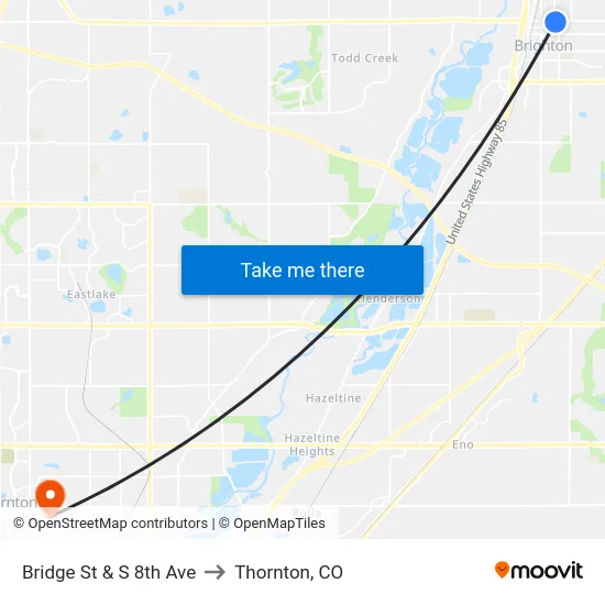 Bridge St & S 8th Ave to Thornton, CO map