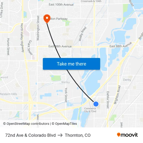 72nd Ave & Colorado Blvd to Thornton, CO map