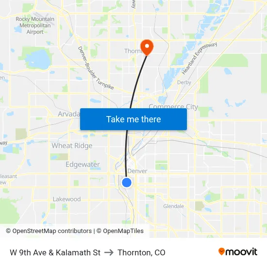 W 9th Ave & Kalamath St to Thornton, CO map