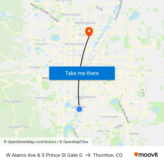 W Alamo Ave & S Prince St Gate G to Thornton, CO map