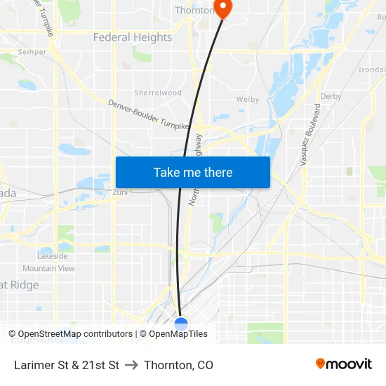 Larimer St & 21st St to Thornton, CO map