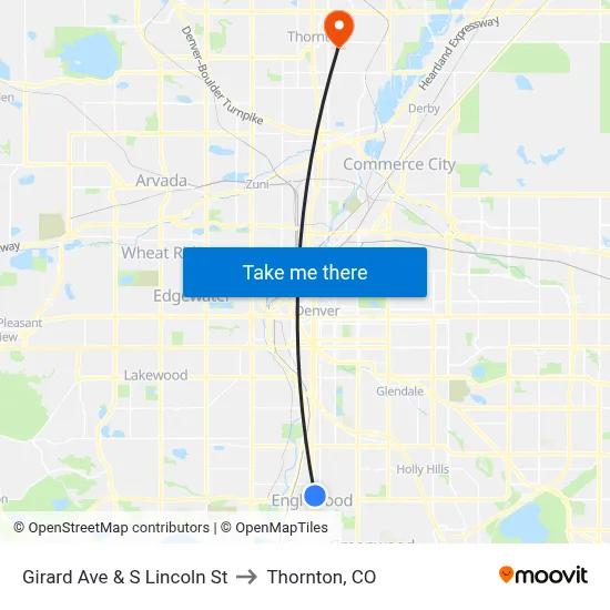 Girard Ave & S Lincoln St to Thornton, CO map