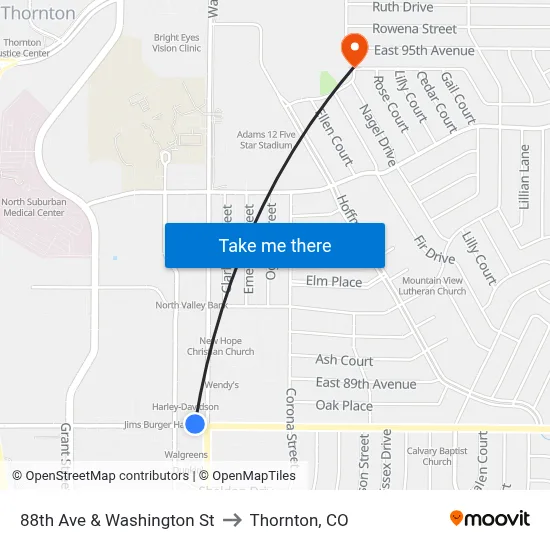 88th Ave & Washington St to Thornton, CO map