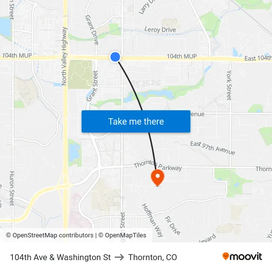 104th Ave & Washington St to Thornton, CO map