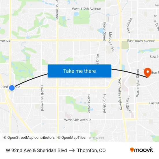 W 92nd Ave & Sheridan Blvd to Thornton, CO map