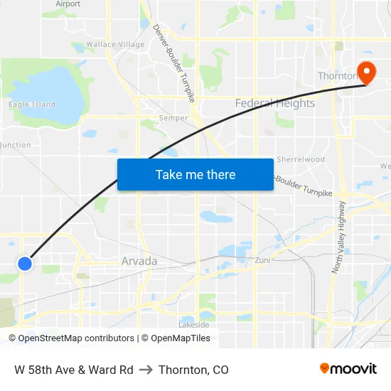 W 58th Ave & Ward Rd to Thornton, CO map