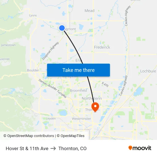 Hover St & 11th Ave to Thornton, CO map