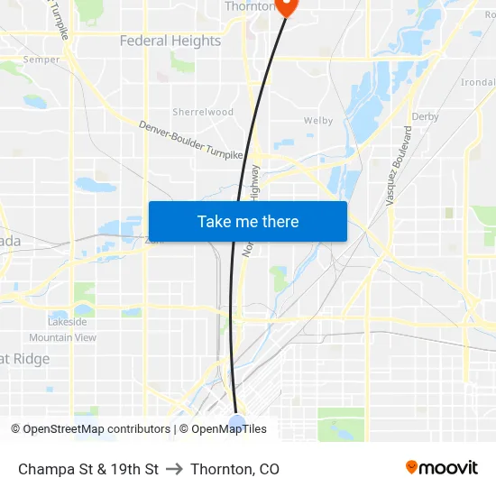 Champa St & 19th St to Thornton, CO map