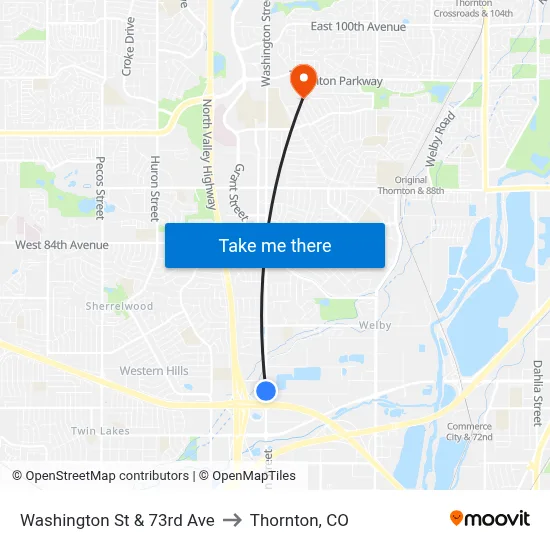 Washington St & 73rd Ave to Thornton, CO map