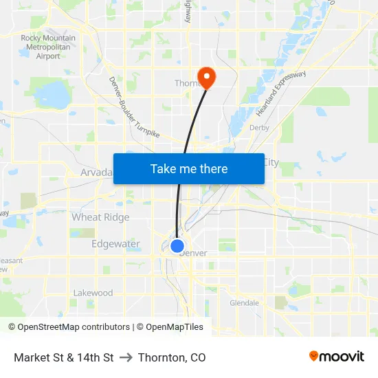 Market St & 14th St to Thornton, CO map