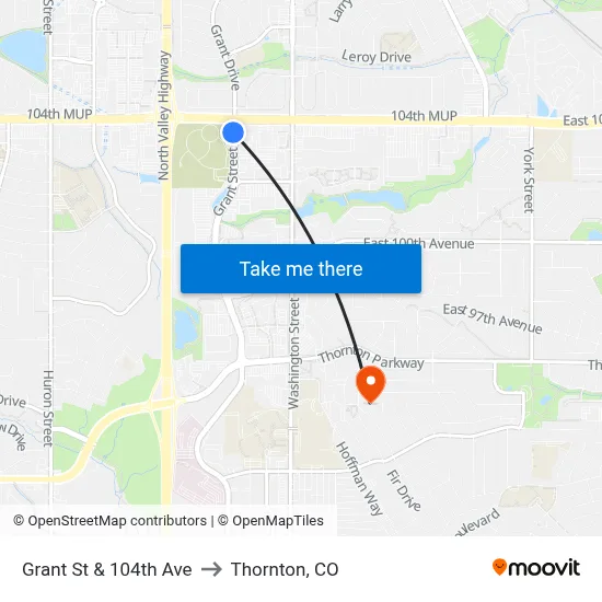 Grant St & 104th Ave to Thornton, CO map