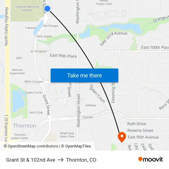 Grant St & 102nd Ave to Thornton, CO map