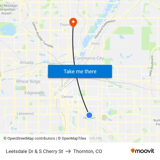 Leetsdale Dr & S Cherry St to Thornton, CO map