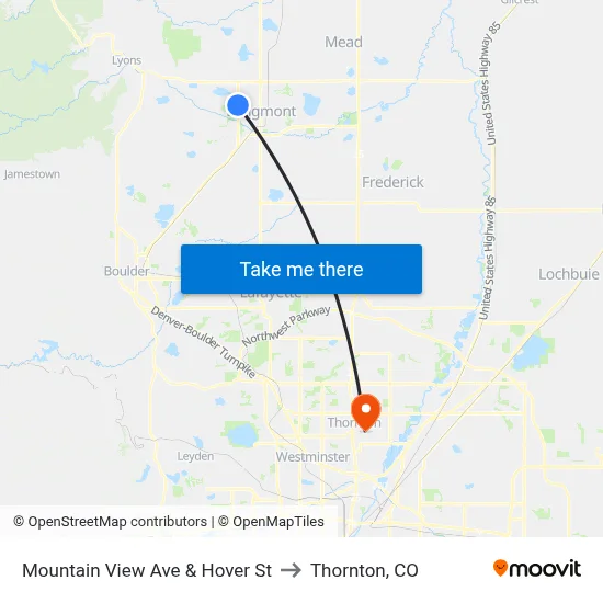 Mountain View Ave & Hover St to Thornton, CO map