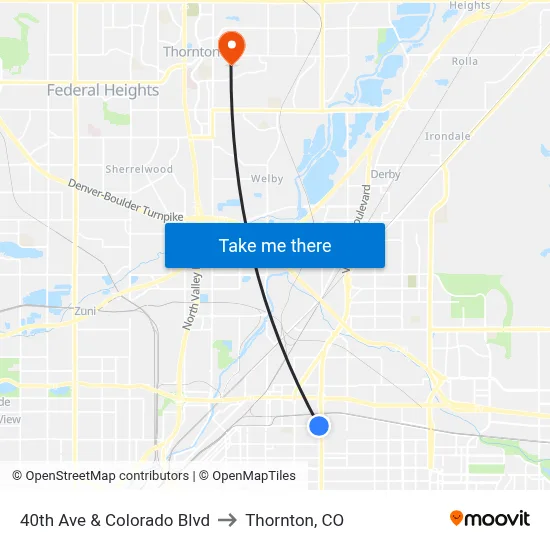 40th Ave & Colorado Blvd to Thornton, CO map