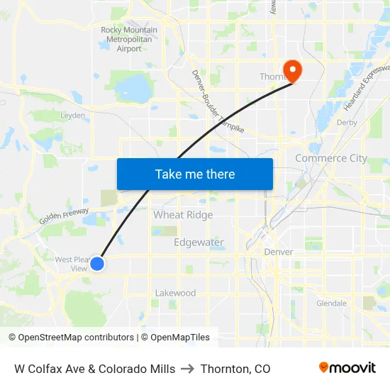 W Colfax Ave & Colorado Mills to Thornton, CO map