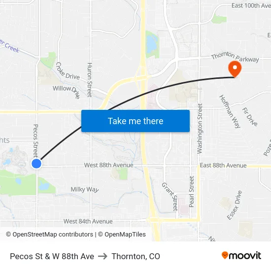 Pecos St & W 88th Ave to Thornton, CO map