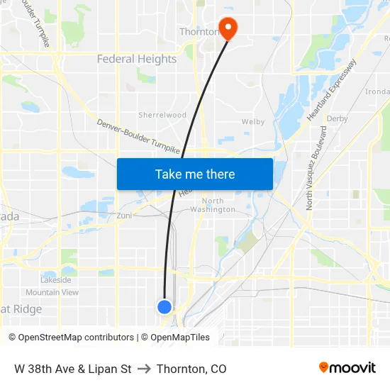 W 38th Ave & Lipan St to Thornton, CO map