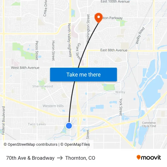 70th Ave & Broadway to Thornton, CO map