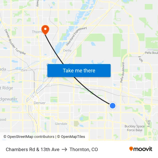 Chambers Rd & 13th Ave to Thornton, CO map