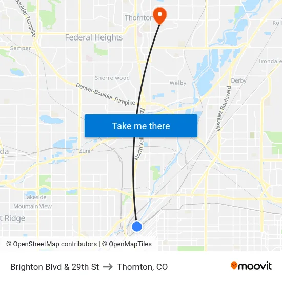 Brighton Blvd & 29th St to Thornton, CO map