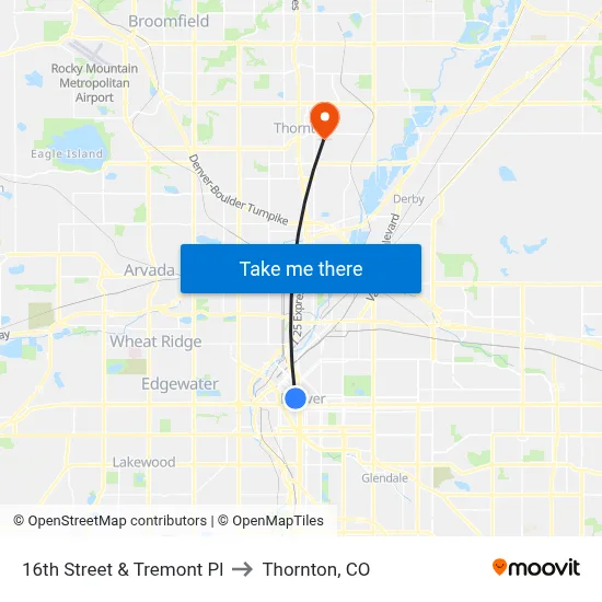 16th Street & Tremont Pl to Thornton, CO map