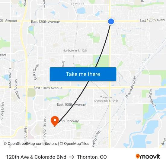 120th Ave & Colorado Blvd to Thornton, CO map