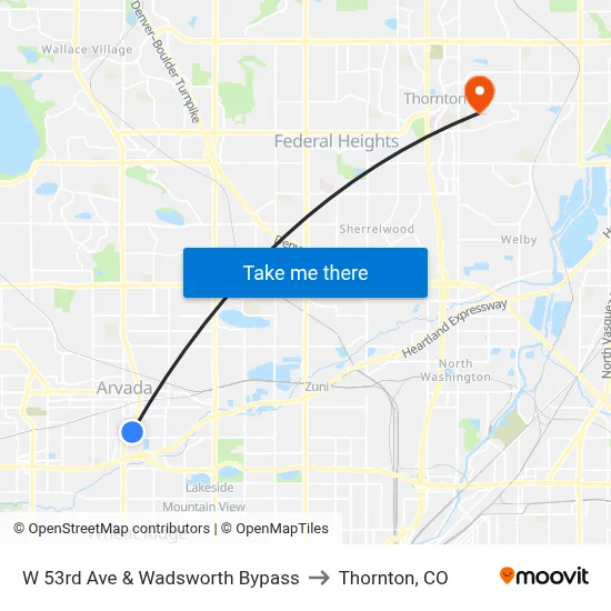 W 53rd Ave & Wadsworth Bypass to Thornton, CO map