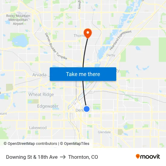 Downing St & 18th Ave to Thornton, CO map