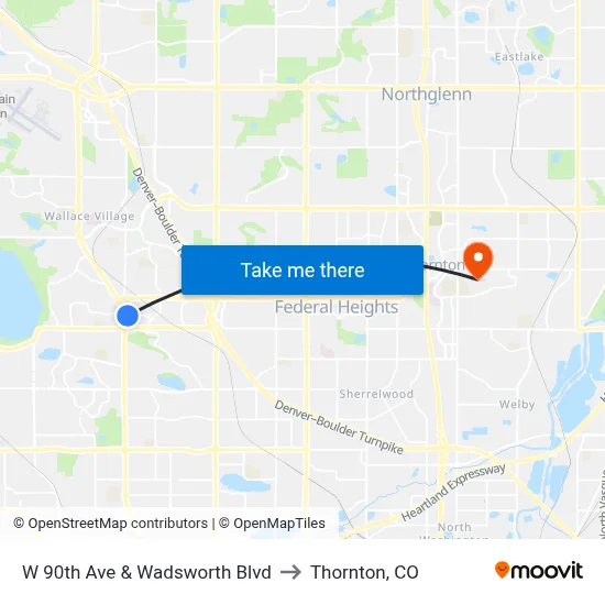W 90th Ave & Wadsworth Blvd to Thornton, CO map