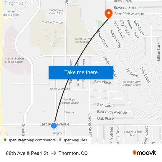 88th Ave & Pearl St to Thornton, CO map