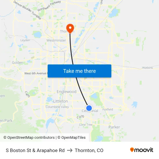 S Boston St & Arapahoe Rd to Thornton, CO map