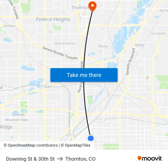 Downing St & 30th St to Thornton, CO map