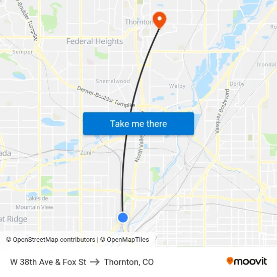 W 38th Ave & Fox St to Thornton, CO map